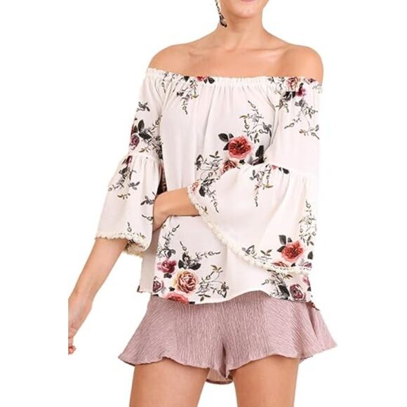 Umgee NEW Off Shoulder Bell Sleeve Top Womens XL Ivory Floral Flowy Boho NWT - Picture 1 of 9